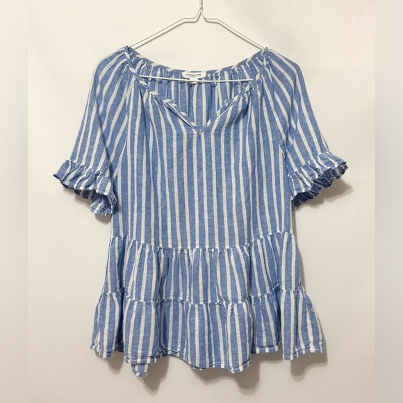 BEACH LUNCH LOUNGE Akia Linen-Blend Striped Top Ruffles Tiered Size S/P - Picture 7 of 9
